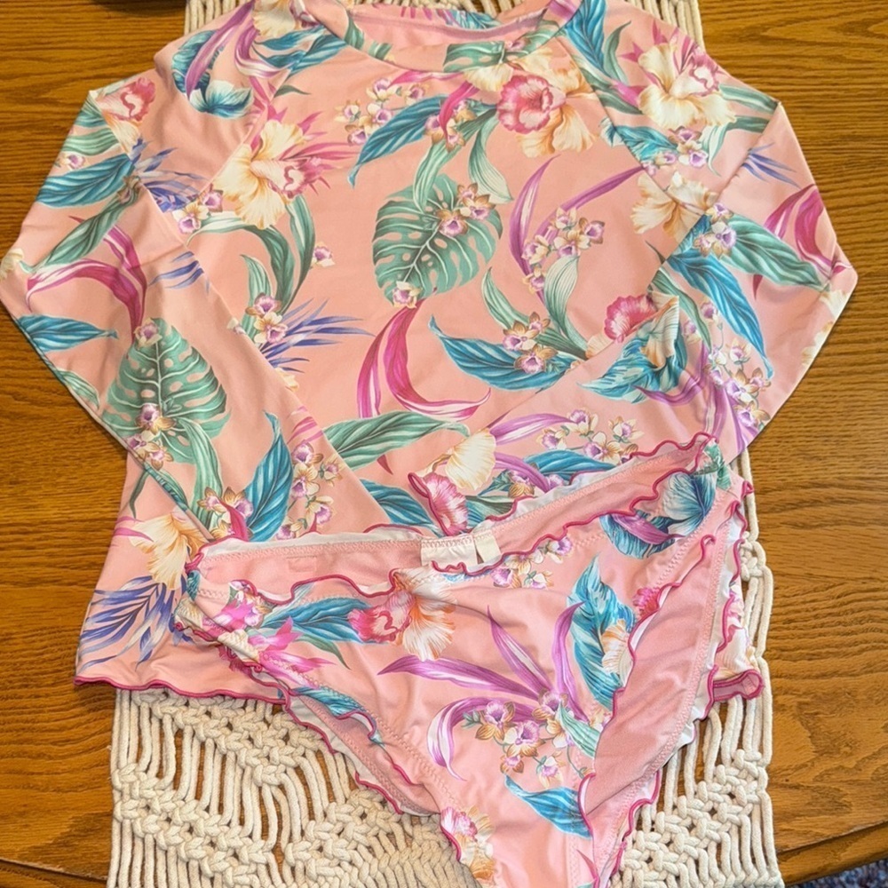 Hobie Surf‎ Floral Long Sleeve 2 piece Swimsuit Set girls size 14